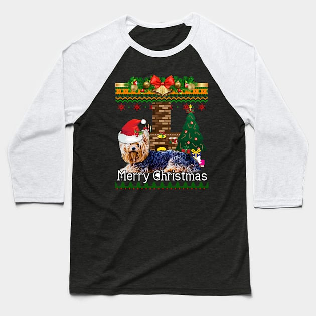 Ugly Christmas Sweater YORKSHIRE TERRIERS Baseball T-Shirt by LaurieAndrew